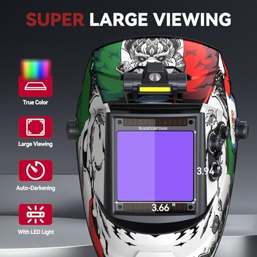 ARCCAPTAIN Auto Darkening Welding Helmet with Light, 3.94"X3.66" Large View