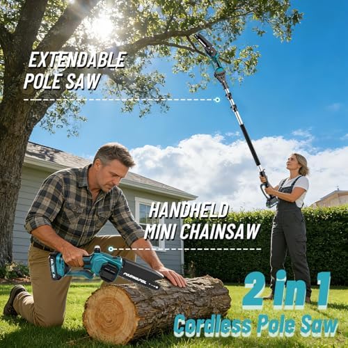 2-in-1 Pole Saws for Tree Trimming, Mini Chainsaw Cordless 6 Inch with 15 FT Max Reach, Electric Pole Saw with 2*21V Batterys, Auto-Oil Brushless Branch Cutter for Tree Trimmer Pole Saw Blue