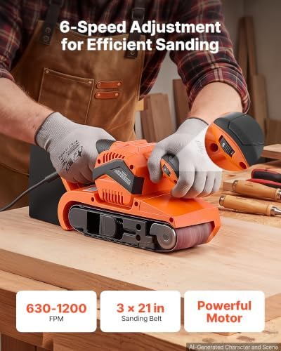 VEVOR 7A Belt Sander 3" x 21" Woodworking Belt Sander 6 Speeds 630-1200 FPM, 2-in-1 Handheld & Benchtop Sanding Machine with 2 Dust Bags, 10PCS Sanding Belts & 2 Clamps for Woodworking Projects