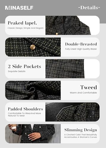Mina Self 2026 Women's Fall Tweed Blazer Plaid Jacket Business Casual Coat