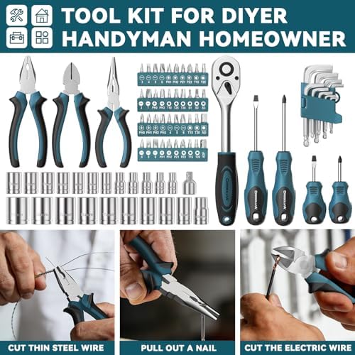 Home Tool Kit 199 Piece Basic Household Auto Repair Tool Set Car Toolbox General Hand Tool Kit for Home Men Women DIY with Plastic Toolbox (Blue and black)