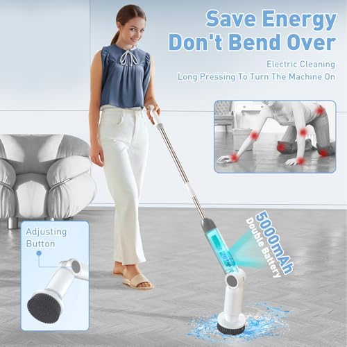 Electric Spin Scrubber, Adjustable Angle Cordless Shower Scrubber, Waterproof Bathroom Scrubber with Display & 7 Replaceable Brush Heads, Power Scrubber for Bathroom Floor Tub Tile（grey white 2）
