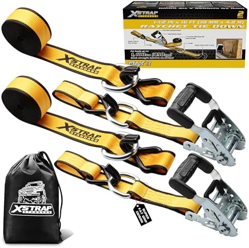 XSTRAP STANDARD 2 Pack 1.5" x 16Ft Ratchet Tie Down Straps w/Double J Hook | 3,300 lb Break Strength, Heavy Duty Tie Down Straps for ATV, UTV, Truck, Motorcycle & Cargo Hauling, , Kayak, Trailer, Yellow