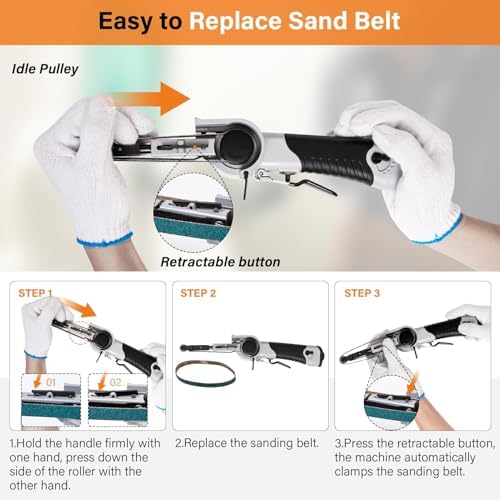 3/8" x 13" High-Performance Pneumatic Sander for Metal Deburring Handheld Pneumatic Belt Sander with 3pc Sanding Belts (#40, #60, #80) Weld Polishing，Aluminum, Iron, Steel Finishing Tool