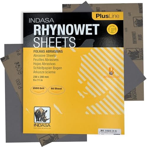 Indasa 50 PCS 9x11” Wet & Dry Sandpaper Sheets, 2500 GRIT, Rhynowet Clog-Resistant Abrasive for Wood, Metal, Auto, Paint & Clear Coat Finishing, Sand Paper Silicon Carbide, Plusline