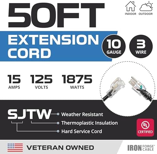 Iron Forge Cable 10 Gauge Extension Cord Heavy Duty, 50 Ft - Black SJTW