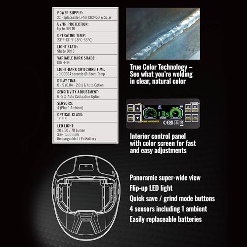 Eastwood Elite Vista-Arc Panoramic View MIG TIG Weld Welding Helmet | True Color Lens | DIN 4-14 Shade Adjustment | Ultra-Fast Auto-Darkening