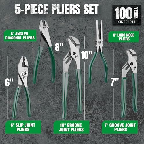 SK Tools USA 5-Piece Pliers Set, Clamping & Cutting Pliers, Roll-Up Pouch | 6" Slip Joint Pliers, 7" & 10" Groove Joint Pliers, 8" Long Nose & Angled Diagonal Pliers, High Carbon Steel, Padded Handle
