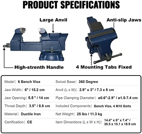 Bench Vise 6 Inch Jaw Width 5.5 Inch Jaw Opening Home Vise - Secure Grip with 360° Swivel Base Home Vise Rotation Base - Assembled with a Combination of Heavy Duty Cast Iron and Steel - Blue