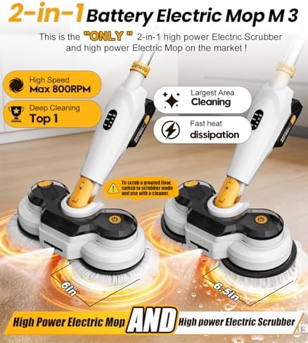 Qimedo Battery Electric Mop, Cordless Electric Scrubber & Flat Mop for Floor Cleaning, Best Automatic Spin Mops with Smart Display,Rotating Mops with LED Light & Water Spray