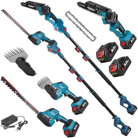 ONEVAN 6-in-1 Pole Saw & Hedge Trimmer & Grass Shear, 2×3.0Ah Batteries