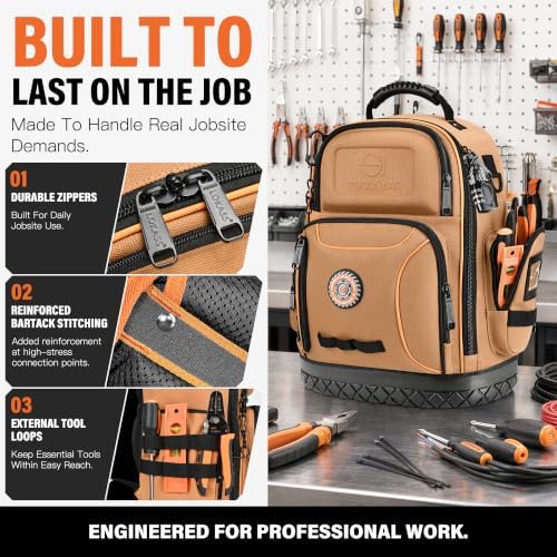 LOKASS 18.1-Inch Heavy-Duty Tool Backpack, 75 Pockets, Brown