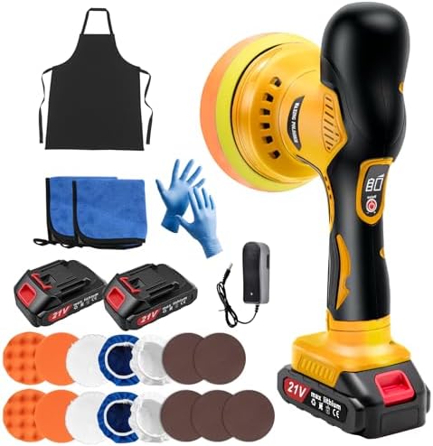 Cordless Car Buffer Polisher, 6 Inch Orbital Polisher Kit with 2x21V Batteries & 21 PCS Attachments, 8-Speed Variable Max 6000RPM Buffer for Car Detailing, Polishing, Waxing, Scratch Removing