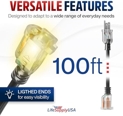 100ft Outdoor/Indoor Extension Cord 12/3 Gauge Extra Heavy Duty 3 Prong SJTW, Waterproof, Flexible Cold-Resistant Long Power Cord,15A 125V 1875W, Black by LifeSupplyUSA