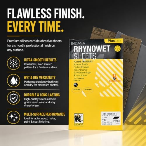 Indasa 50 PCS 5.5x9” Wet & Dry Rhynowet Sandpaper 1000 GRIT Half Sheets – Silicon Carbide Abrasive for Auto, Wood, Metal, Paint & Coat Finishing – Abrasive Sandpaper, Plusline