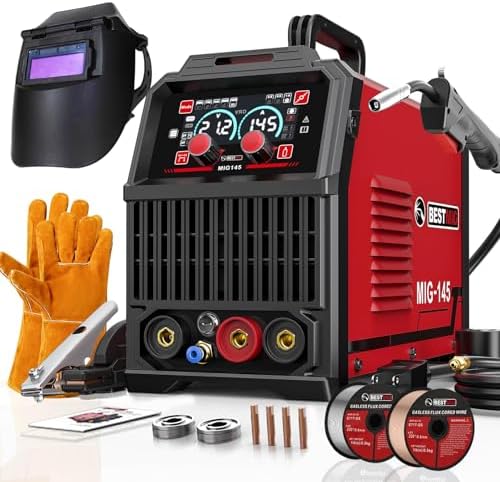 BESTMIG 145A 4-in-1 Multi-Process Welder, 110V/220V MIG/TIG/MMA/Stick Welding Machine, Gas & Gasless Flux Core Welder with Synergy IGBT Inverter, Includes Welding Helmet & Gloves