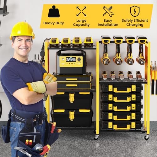 Heavy-Duty Power Tools Organizer Cart with Charging Power Strip, 6-Tier Rolling Utility Cart with 8 Hooks and 6 Load-Bearing Wheels, Garage Tool Storage Rack for Workshop for Men