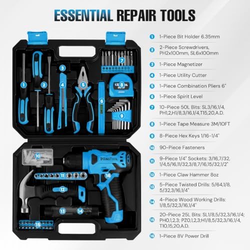KingTool 156-Piece Blue Tool Kit, 8V Cordless Drill for Home Repairs & DIY