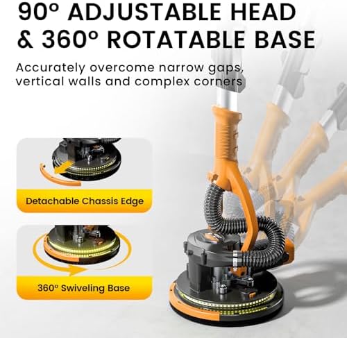Drywall Sander, 1050W 7.2A Popcorn Ceiling Removal Tool, Automatic Drywall Sander with Vacuum Dust Collector, 7 Variable Speed 1000-2100RPM, 15Pcs Sanding Discs(Yellow)