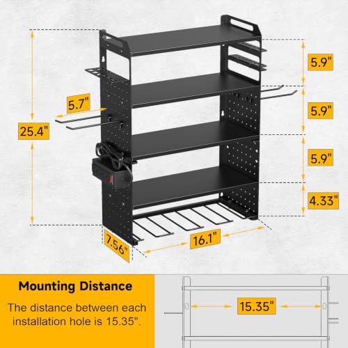 5-Tier Power Tool Organizer Wall Mount with 4 Power Strip, Black