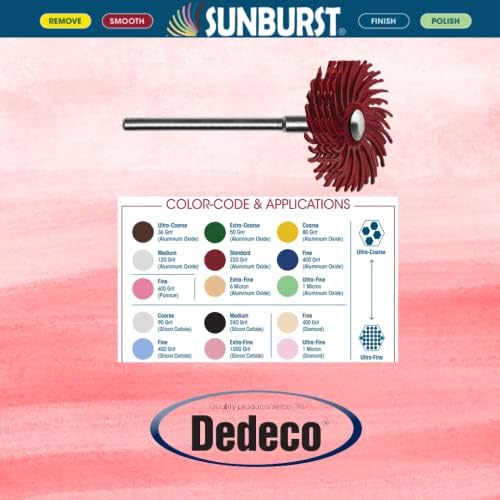 Dedeco Sunburst Radial Bristle Discs 6-Pack - 7/8" Curved 4-Ply Mounted Discs - Red 220 Grit (Standard) - Aluminum Oxide for Polishing & Finishing