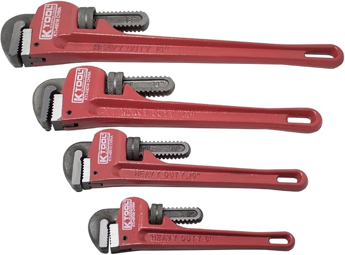 K Tool International 49000 Pipe Wrench Set, Four Piece Kit with 8 10 14 and 18 Inch Sizes, Drop Forged Heavy Duty Steel Jaws, Durable Boxed Storage Case