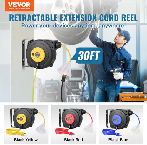 VEVOR Retractable Extension Cord Reel, 30 FT, Heavy Duty 16AWG/3C SJTOW Retractable Power Cord Reel with Lighted Triple Tap Outlet 10 Amp Circuit Breaker 4.5FT Lead-in Cord, for Ceiling or Wall Mount