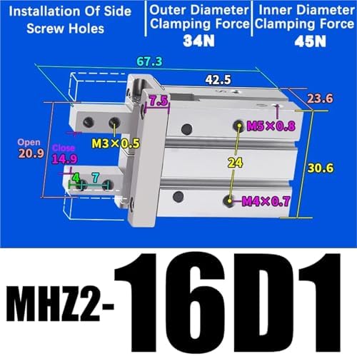 1PCS MHZ2 Pneumatic Finger Cylinder Parallel Gripper MHZ2-10/16/25/32/40D1/D2/D3 Side Thread Aluminium Clamps(MHZ2-16D1)