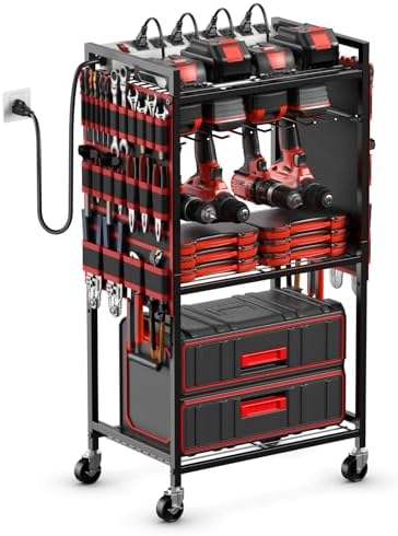 JUNNUJ Power Tool Organizer Cart with Charging Station, 10 FT Cord, Red