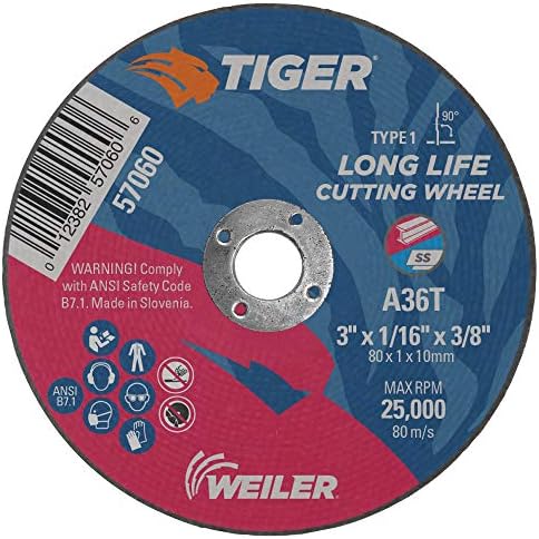 Weiler 57060 3-Inch Cutting Wheel, Tiger AO Steel/Metal Long Life, Performance Cutting, 1/16" A36T Type 1 3/8" Arbor (Pack of 100)