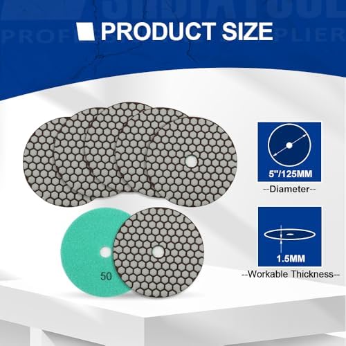 SHDIATOOL 5 Inch Dry Diamond Polishing Pads, 50 Grit Resin Bond Grinding Discs for Granite, Marble, Quartz & Stone Countertops, Hook and Loop Sanding Pads for Angle Grinder Polisher, 7-Pack