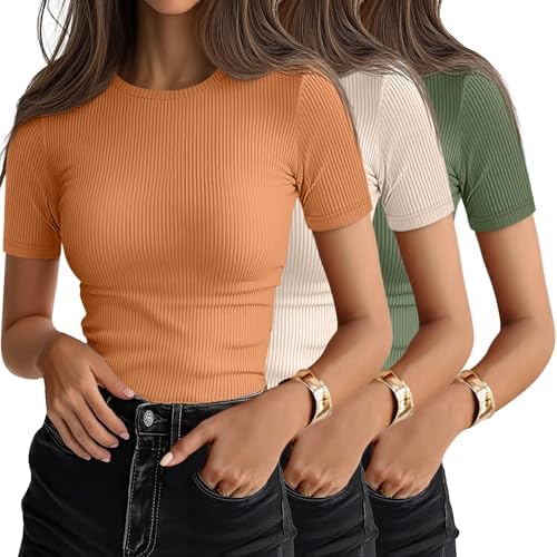 Ficerd 3 Pack Women's Ribbed Short Sleeve T-Shirts