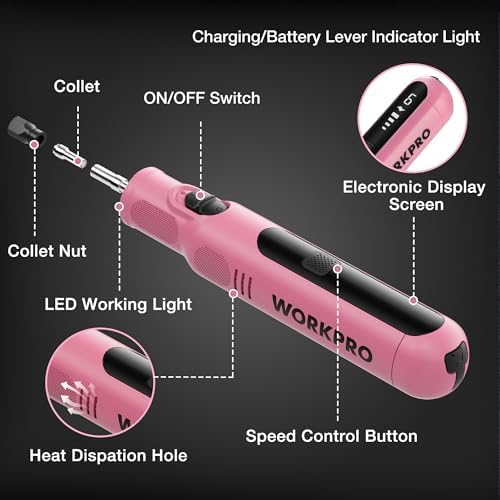 WORKPRO 8V Cordless Rotary Tool Kit, Type-C Charging, Pink Ribbon