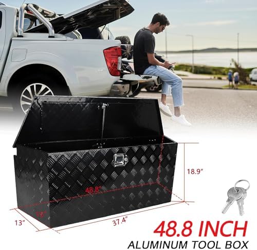 BLACKHORSE-RACING 48.8 Inch Aluminum Trailer Tongue Box Truck Tool Box with Lock & Keys Black - Secure Storage Solution for Your Vehicle