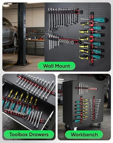 ALOANES 3PC Magnetic Screwdriver Organizer - 36 Slot Aluminum Alloy Rail for Toolbox & Metal Pegboard, Strong Magnetic Holder for Wrenches, Pliers, Workshop Garage Storage(Red)