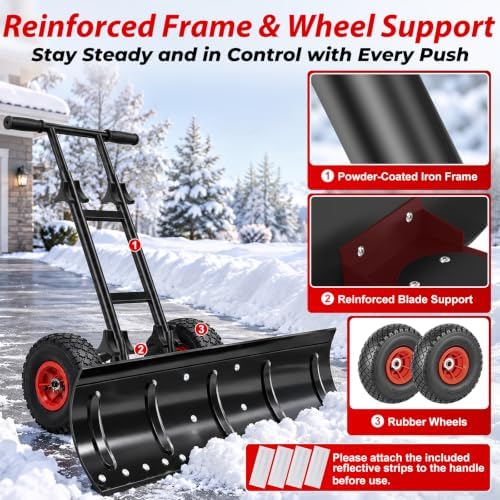 TomCare 36 in Snow Shovel with Wheels, Alloy Steel Snow Pusher Shovel