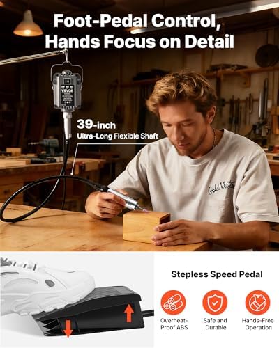 VEVOR Flex Shaft Grinder, 125W 18000RPM Electric Flex Shaft Rotary Tool, Foot-Pedal Control Hanging Carver Grinder with 112PCS Accessory Kit for Sanding Buffing Polishing Cutting
