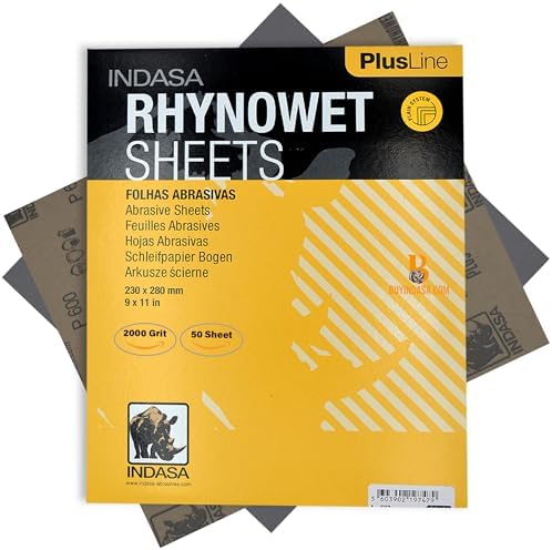 Indasa Rhynowet 50 PCS 9x11” Wet & Dry Full Sandpaper Sheets, 2000 GRIT, Clog-Resistant Abrasive for Wood, Metal, Auto, Paint & Clear Coat Finishing, Sand Paper Silicon Carbide
