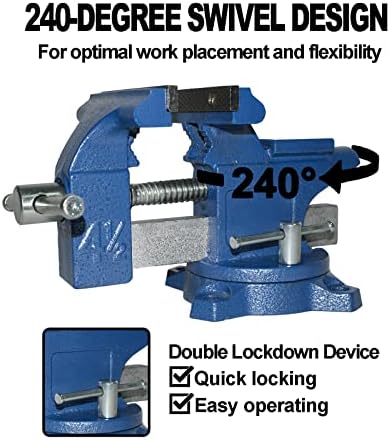 Bench Vise 4.5 Inch Jaw Width 3.3 Inch Jaw Opening Home Vise - Secure Grip with 240° Swivel Base Home Vise Rotation Base - Assembled with a Combination of Heavy Duty Cast Iron and Steel - Blue