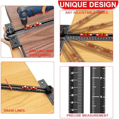 Woodworking T Square Ruler, 13.5 Inch Adjustable Angle 15-165° Measurement Tool, Aluminum Alloy, Precision Drilling Positioning Guide for Carpentry, Drafting, Contractor, Scribe Crafting, Drywall