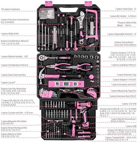 Pink Tool Kit Box Drill Set：DEKOPRO Home Mechanic Toolbox with 12V Power Cordless Drill Hand Repair Tools Sets Combo Kits Storage Organizer Drawer Case for Men & Women