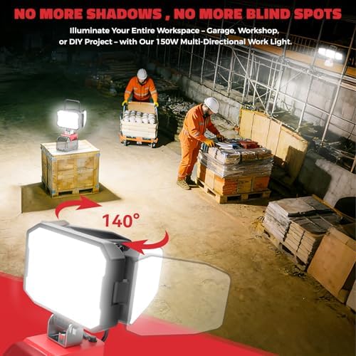 2PCS LED Work Light Compatible with Milwaukee 18V Battery, 150W 15000LM Flood Light, 6500K Daylight 3-Head Adjustable, USB Type-C&2 Brightness Modes Portable Flashlight Job Site Light (Tool Only)