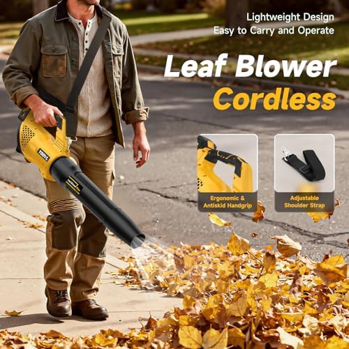 Leaf Blower Cordless, 650CFM Electric Leaf Blowers with 2 x 5.2Ah Batteries and Charger, 3 Speed Modes, 1 x Adjustable Shoulder Strap, Powerful Blowers for Lawn Care, Patio Cleaning, Blowing Leaves