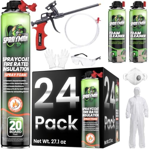 Sprayman Spraycoat Fire Rated Spray Foam Insulation Kit 480 Sq.Ft - High R-Value (11.32 / 2in) Closed Cell Heat & Noise Insulation for Wall & Attic - Gun, 2 Cleaners & Safety Gear - 27.1 oz, 24 Pack