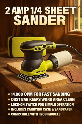 2 Amp Corded 1/4 Sheet Finishing Sander, 14,000 OPM, 1/16 in. Orbit, Dust Collection Bag, Lock-On Switch, Cushioned Overmold Grip, 6-ft Cord, Carrying Cases, Sandpaper - Compatible with RYOBI Models