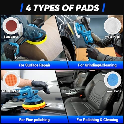 LDHTHOPI 23PCS Cordless Buffer Polisher Kit with 2×2.0Ah Battery & Charger, 10000RPM 1600W High Power Car Polisher with 6 Variable Speed, 17 Buffing Pads for Car Polishing Waxing Detailing