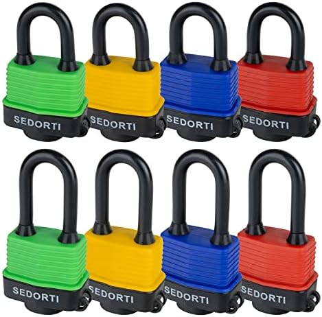 SEDORTI Colored Waterproof Padlocks, Yellow-Covered Laminated Steel Lock, Same Color with Same Key, Keyed Alike Outdoor Locks, Can Be Used as Lockout Tagout Lock, Long Padlocks, Pack of 12