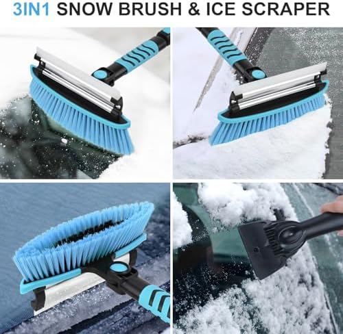 Windshield Ice Scraper Car Brush for Snow 43 inch, 3 in 1 Detachable Snow Scraper with Squeegee, 180° Pivoting Brush Head, Foam Grip, Extendable Snow Removal for Auto Truck SUV Van