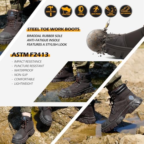 KELODON Waterproof Steel Toe Boots For Men 6 Inch Leather Steel Toe Shoes Non Slip Resistant Safety Work Boots Indestructible Lightweight Construction Boot