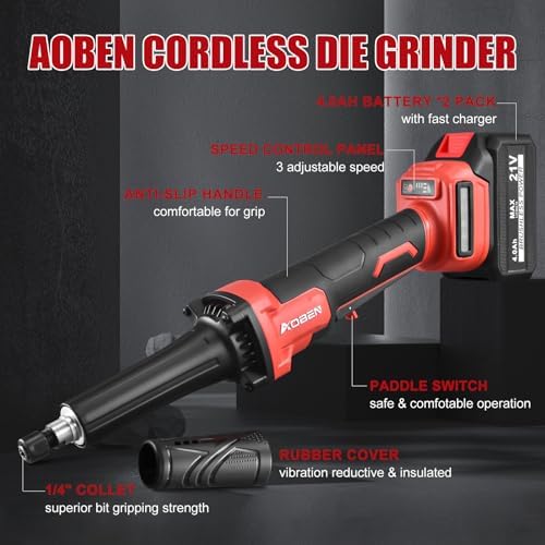 AOBEN Cordless Die Grinder, 25,000 RPM Electric Straight Grinder Tool with 2 x 4.0Ah Batteries & Charger, 1/4" Collet, 3-Speed Heavy-Duty for Metal Grinding, Polishing, Welding Repair, Tool Case